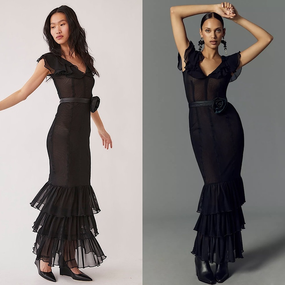 NWT TACH Handmade Sheer Tulle V-Neck Short Sleeve Tiered Ruffle Hem Maxi Gown S